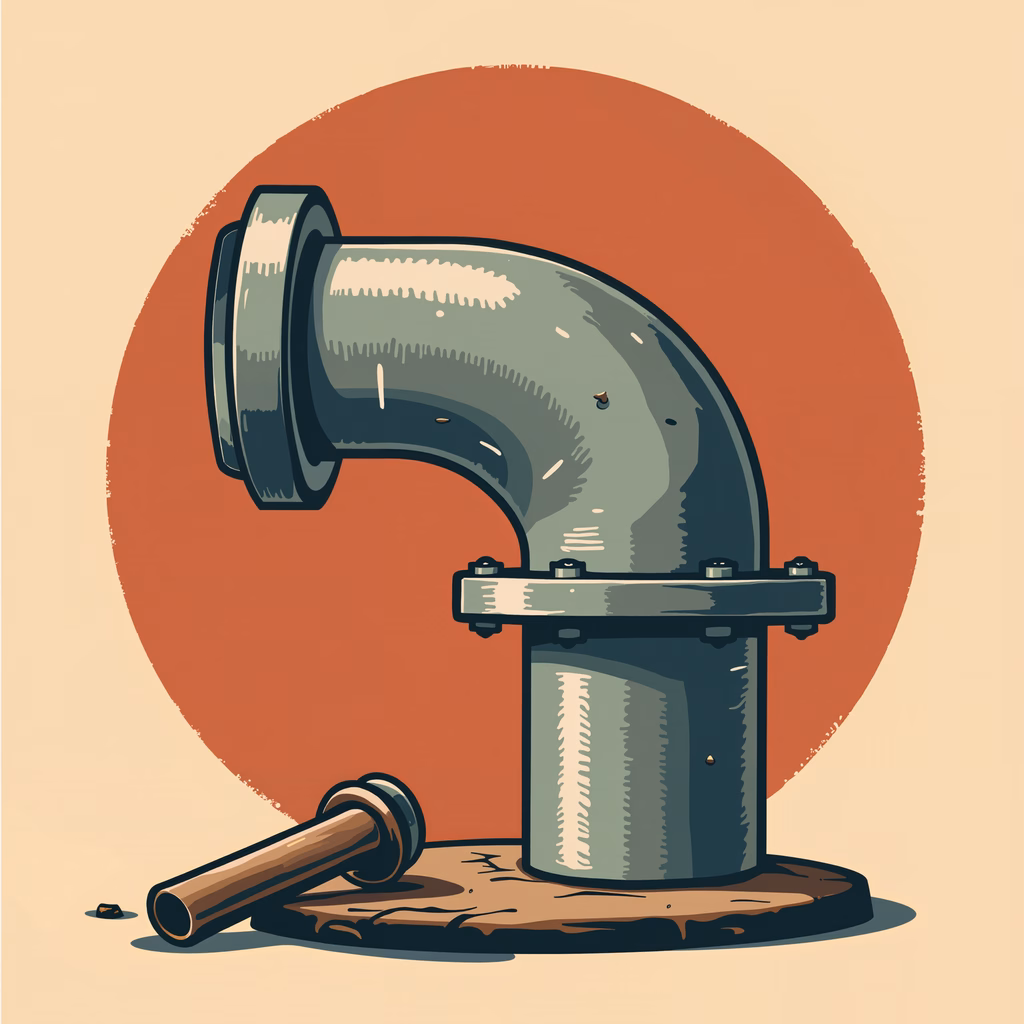 Detailed industrial valve illustration with bold red background and reflective metallic surface.