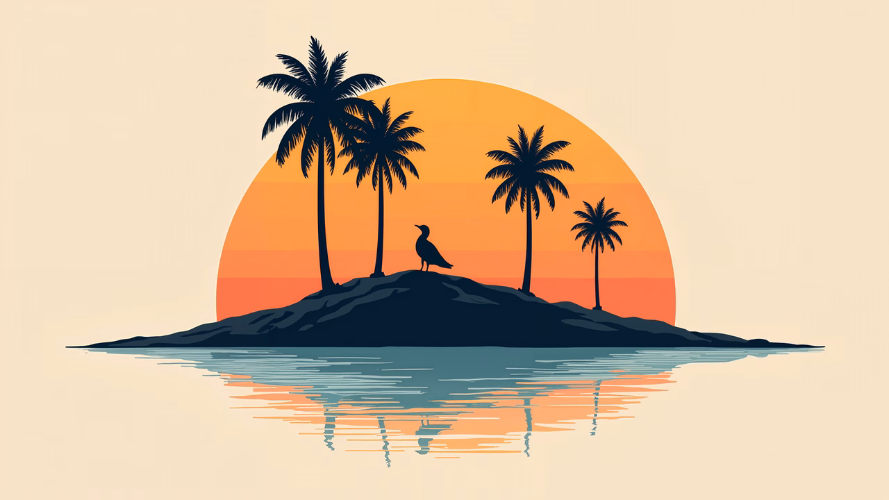 A peaceful island sunset with palm trees and a bird, reflecting tranquility and natural beauty.