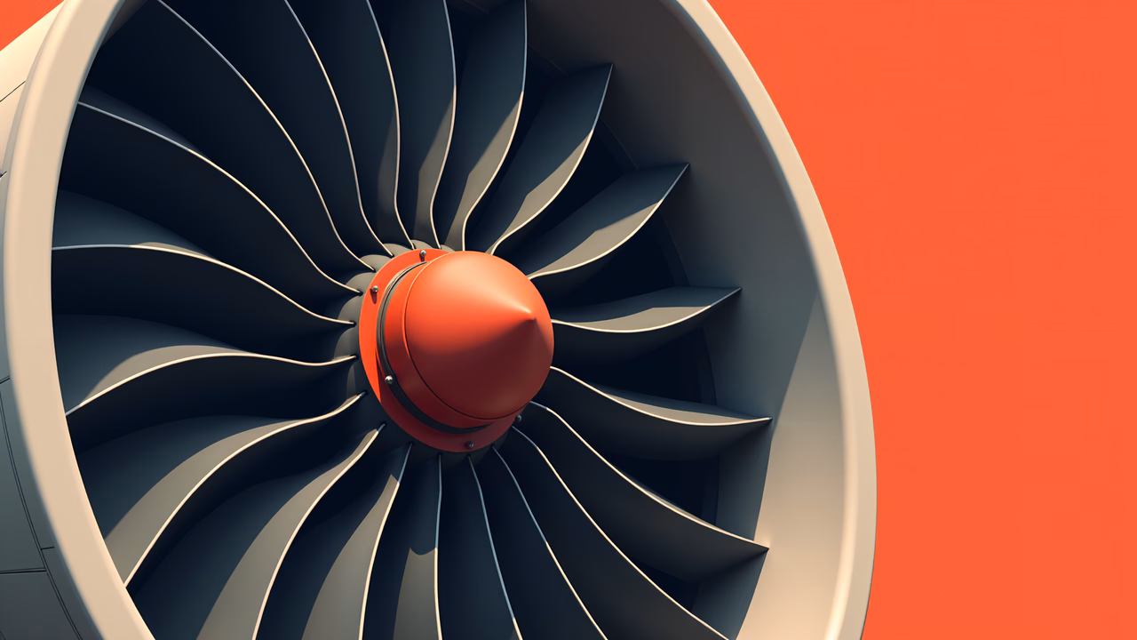Close-up of a jet engine with dark gray blades and a red central hub on an orange background.