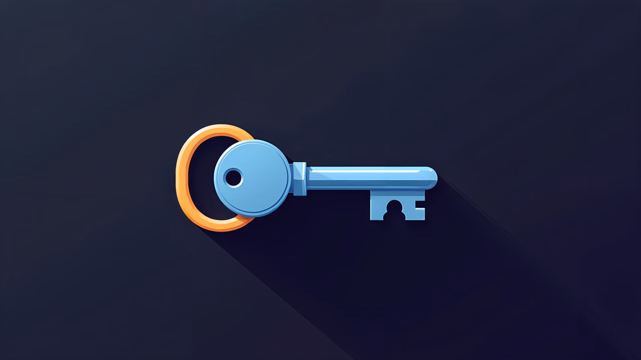Minimalistic key illustration with vibrant colors on a dark gradient background.