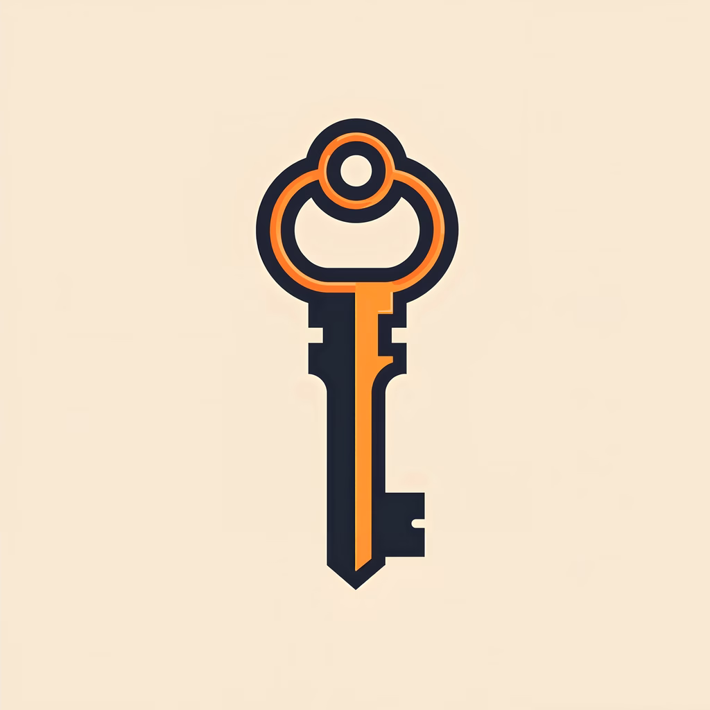 Stylized key illustration with bold orange and black outlines on a beige background.