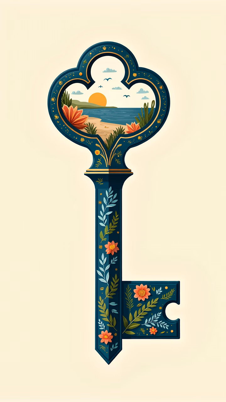 Whimsical key with floral motifs leading to a tranquil beach scene.