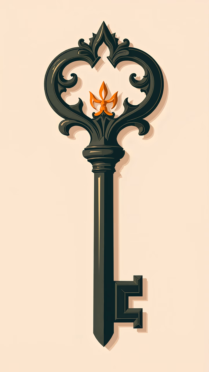 Intricate gothic key with heart and flame symbol on beige background.