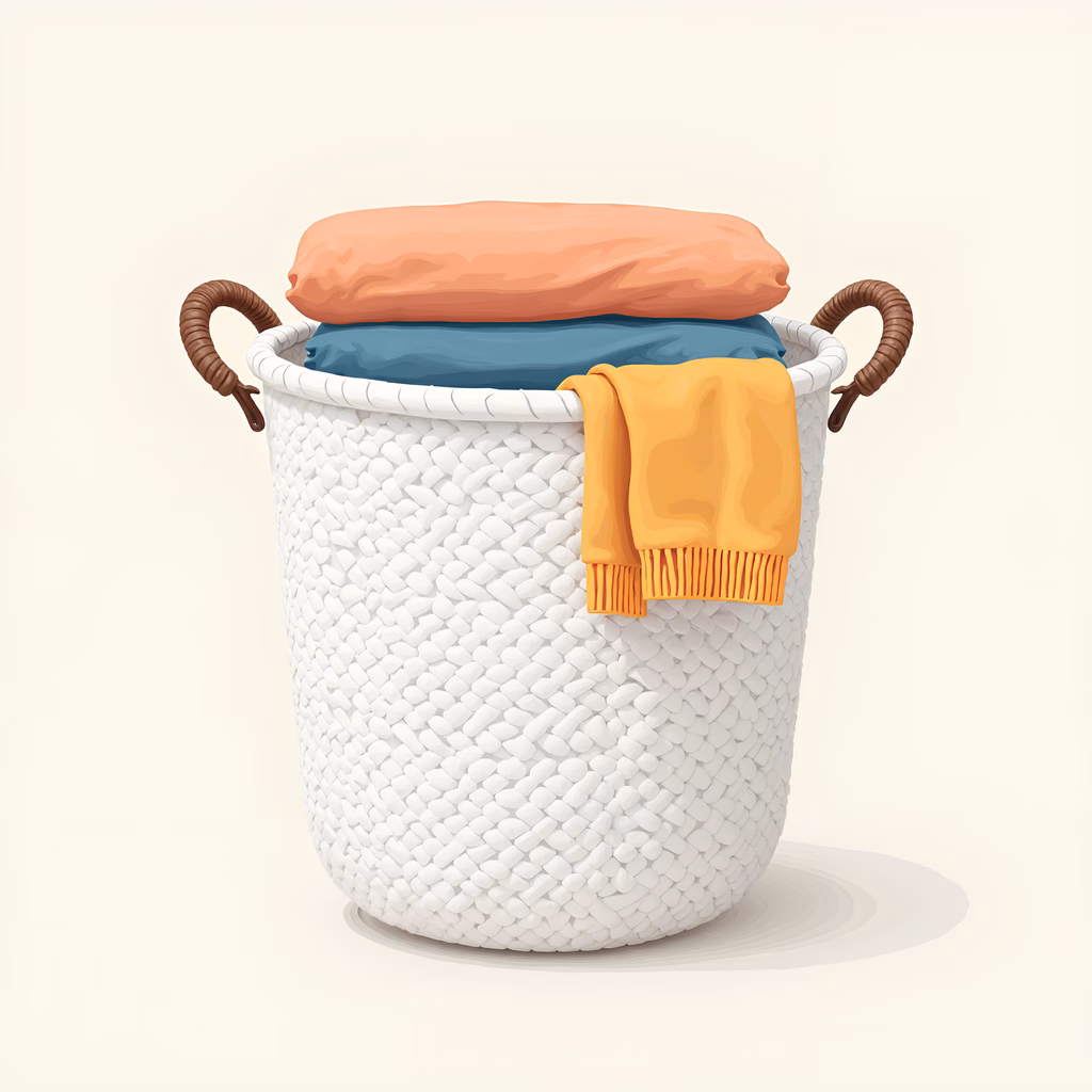 A cozy laundry basket filled with clothes, perfect for a domestic setting.