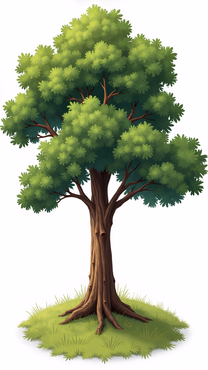 Detailed illustration of a lush green tree on a grassy patch, symbolizing nature's vitality and serenity.