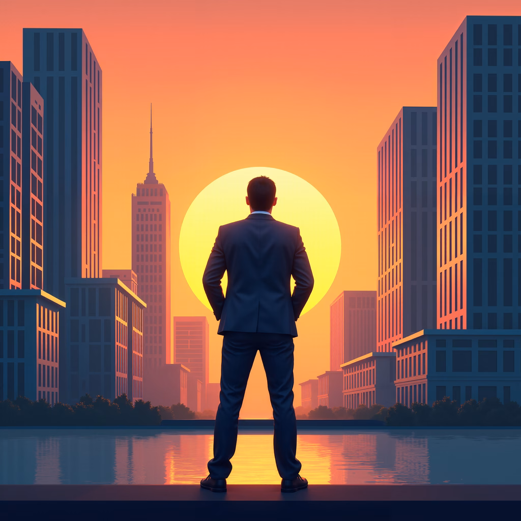 Man in suit overlooking urban skyline at sunset, serene urban art.