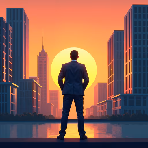 Man Overlooking Cityscape at Sunset