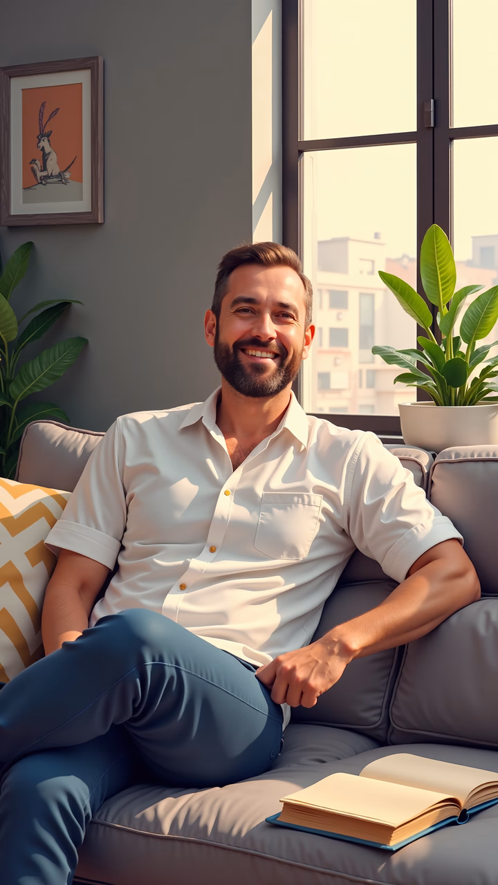 Casual portrait of a man relaxing in a sunlit living room.