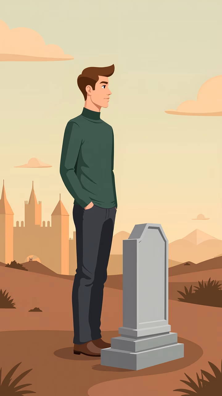 Man standing beside tombstone in a serene desert landscape with muted colors and a somber tone.