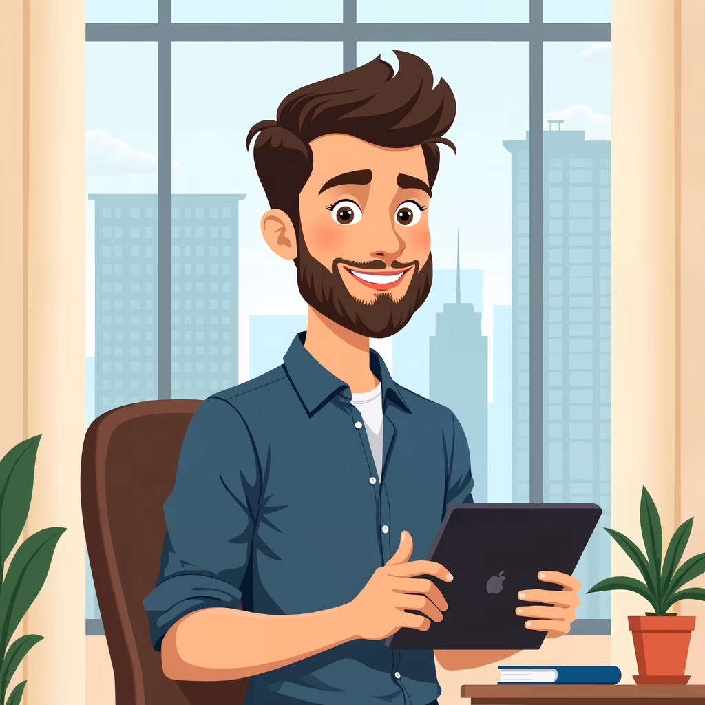 A cheerful man in an office setting, holding a tablet, surrounded by a serene cityscape.