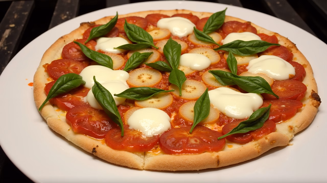 Classic Margherita pizza with tomatoes, mozzarella, and basil.