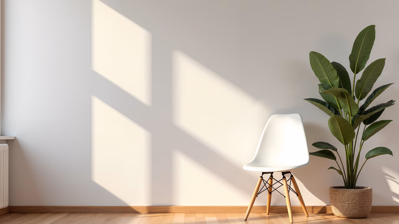 A minimalist interior with a white chair, green plant, and soft natural light.