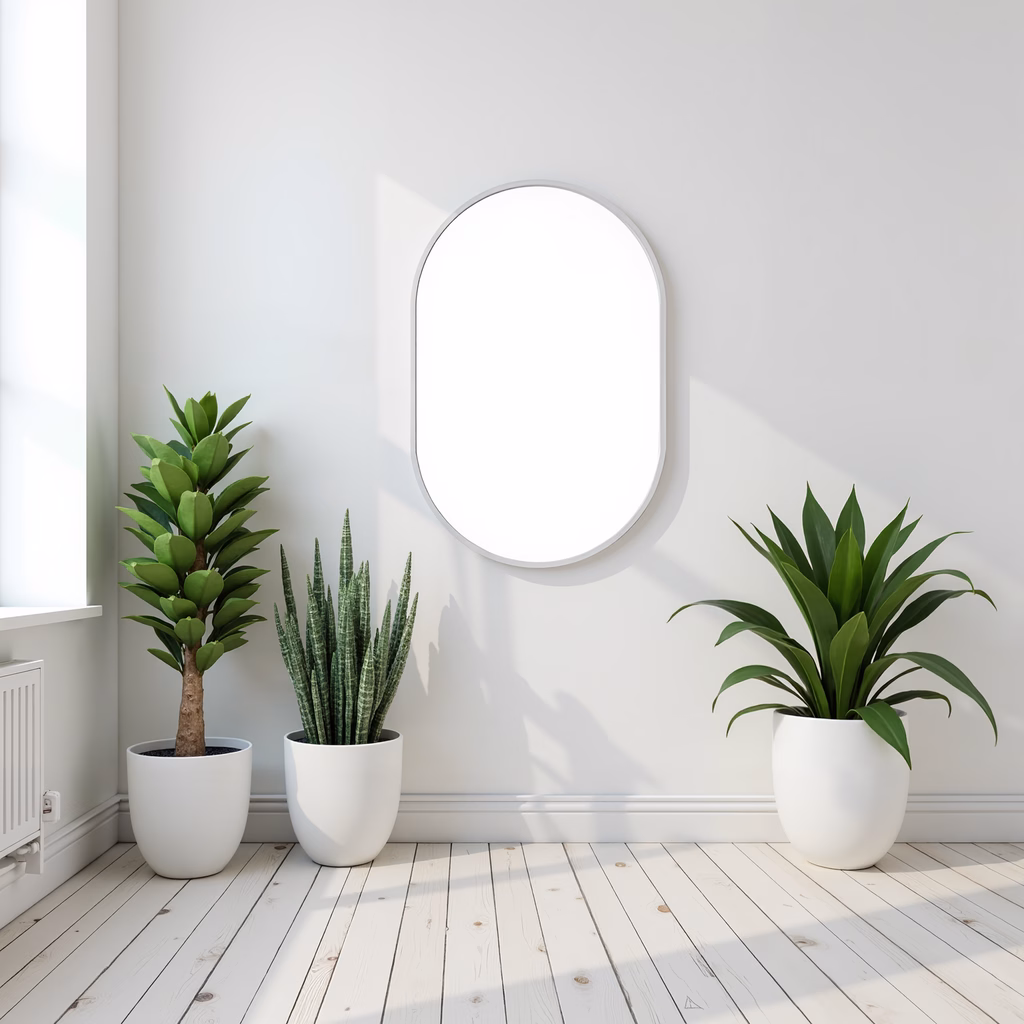 Symmetrical arrangement of plants in a minimalist interior with natural light and a mirror.