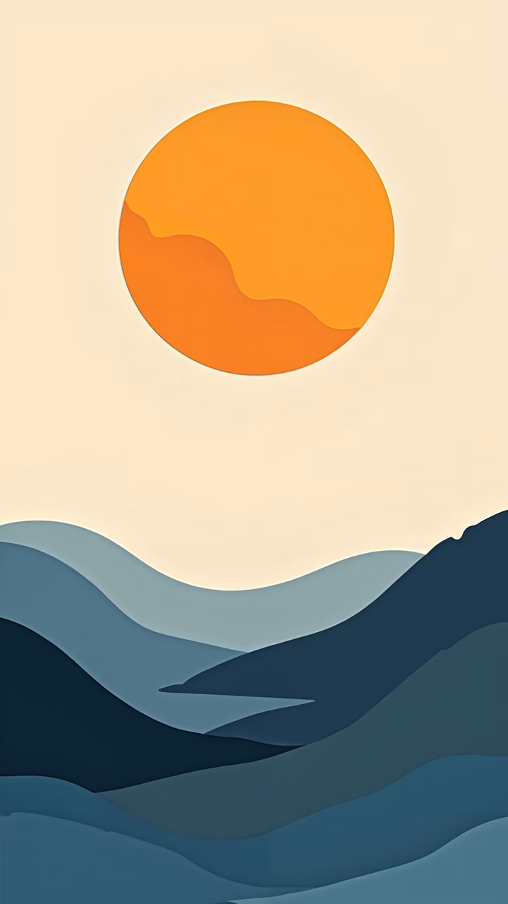 A serene minimalist landscape with a glowing sun and layered mountains.