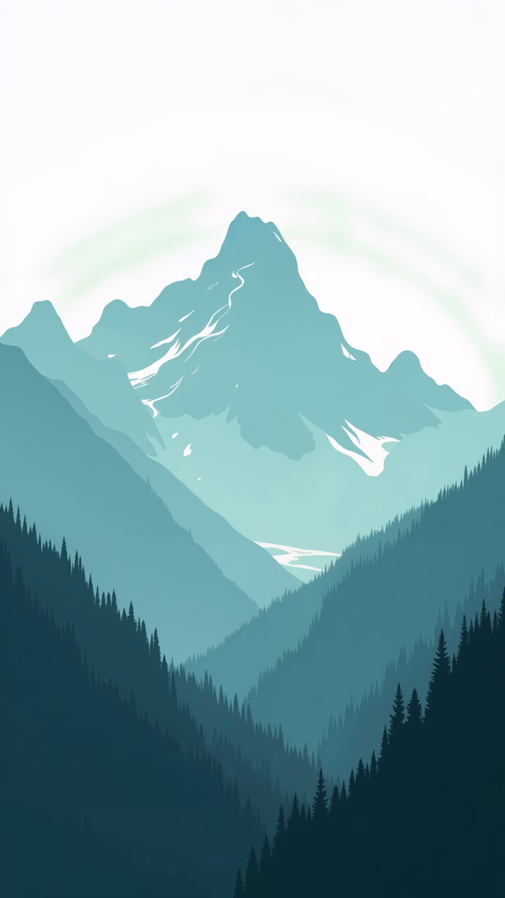 A minimalist depiction of a serene mountain landscape with muted greens and blues.