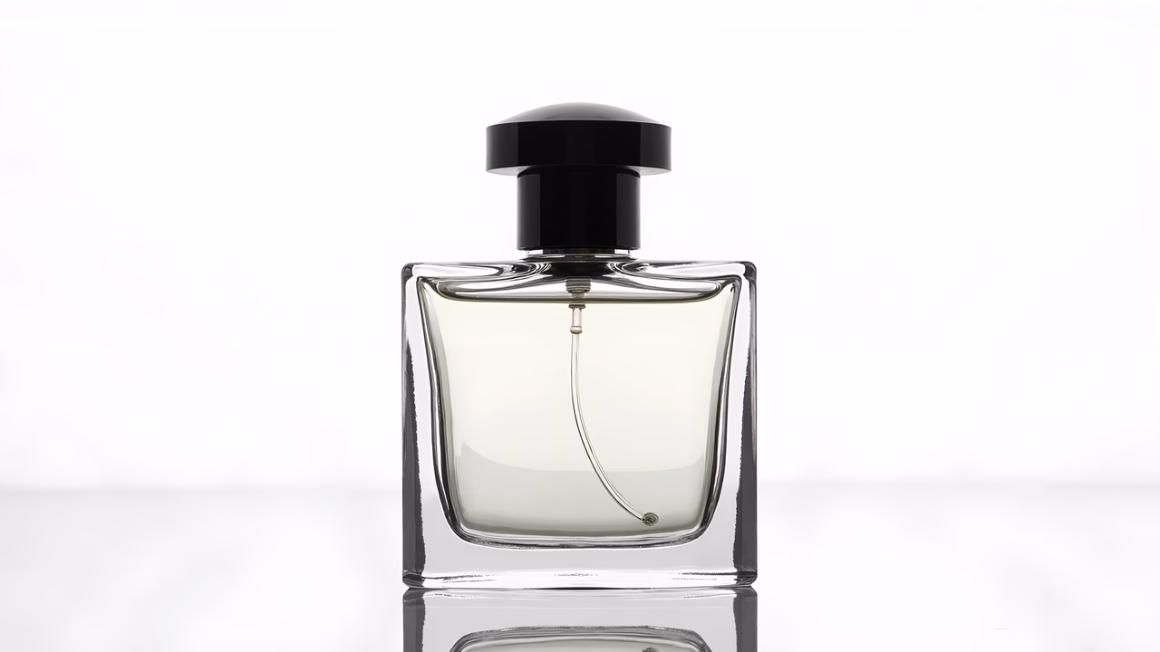 Minimalist perfume bottle with sleek glass and black cap, set against a white background.