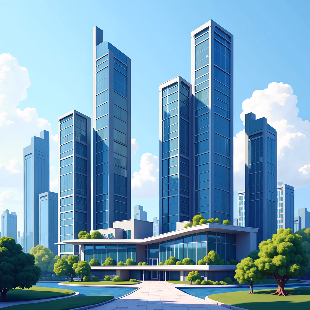 Bright modern city skyline with sleek skyscrapers and greenery.