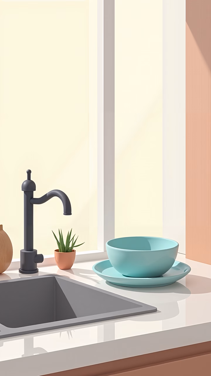 Minimalist kitchen scene with sleek faucet and vibrant colors.