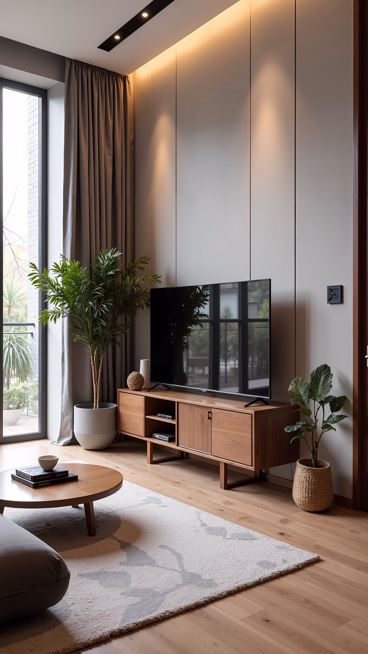 Minimalist modern living room with natural light and plants.