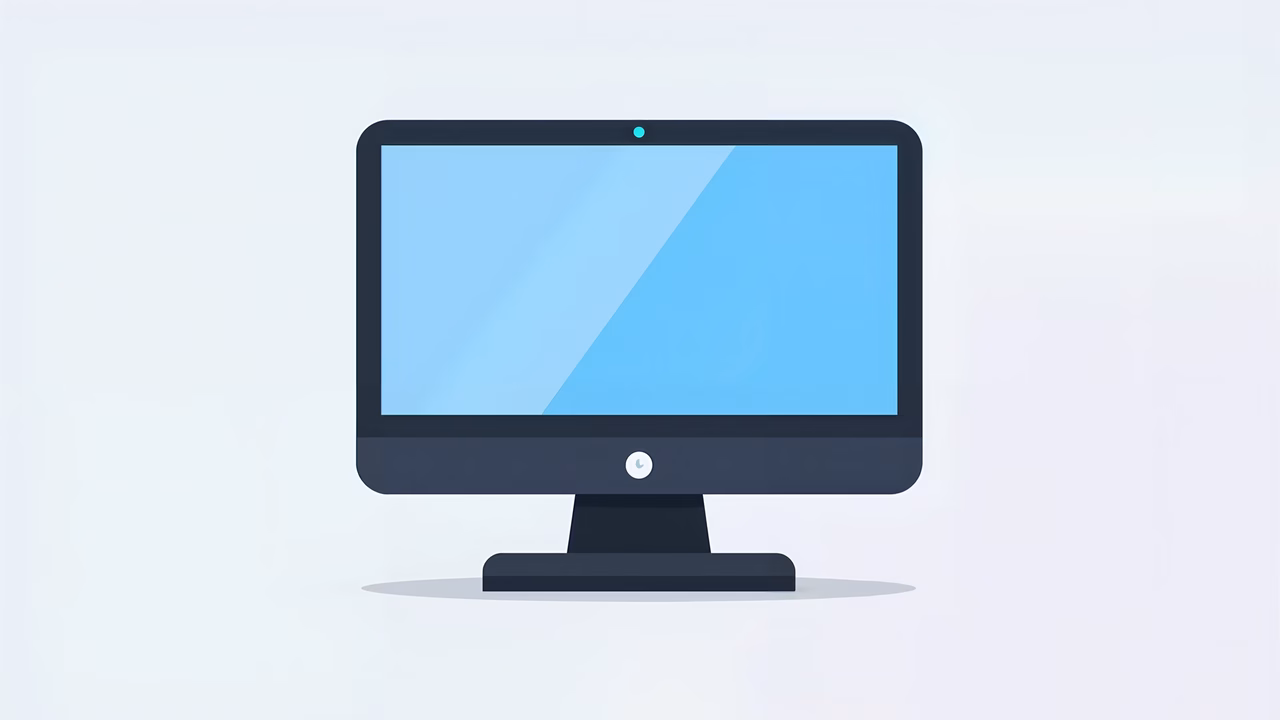 Minimalist flat design of a modern monitor with a blue geometric pattern on its screen.