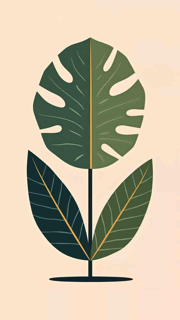 Stylized Monstera leaf illustration with elegant green tones and golden highlights on a beige background.