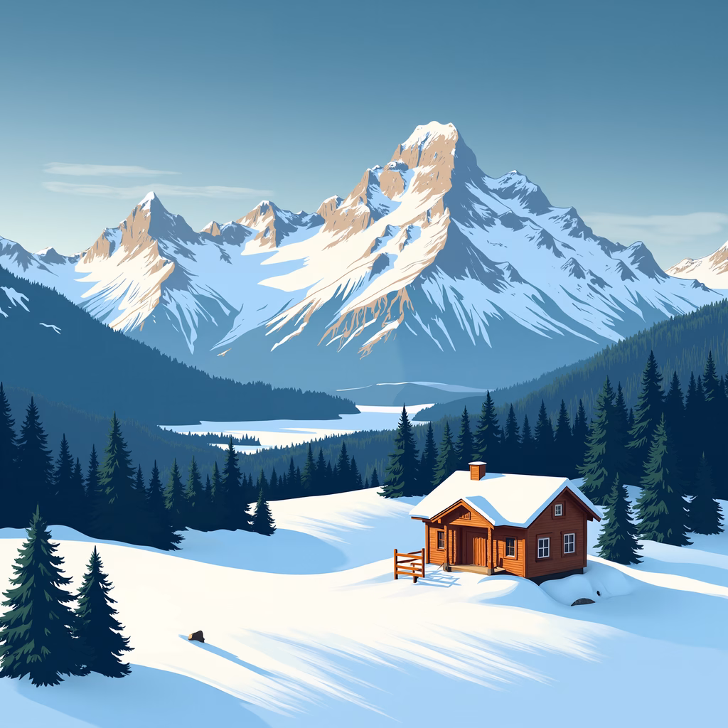A peaceful winter landscape with a cabin surrounded by mountains and trees.