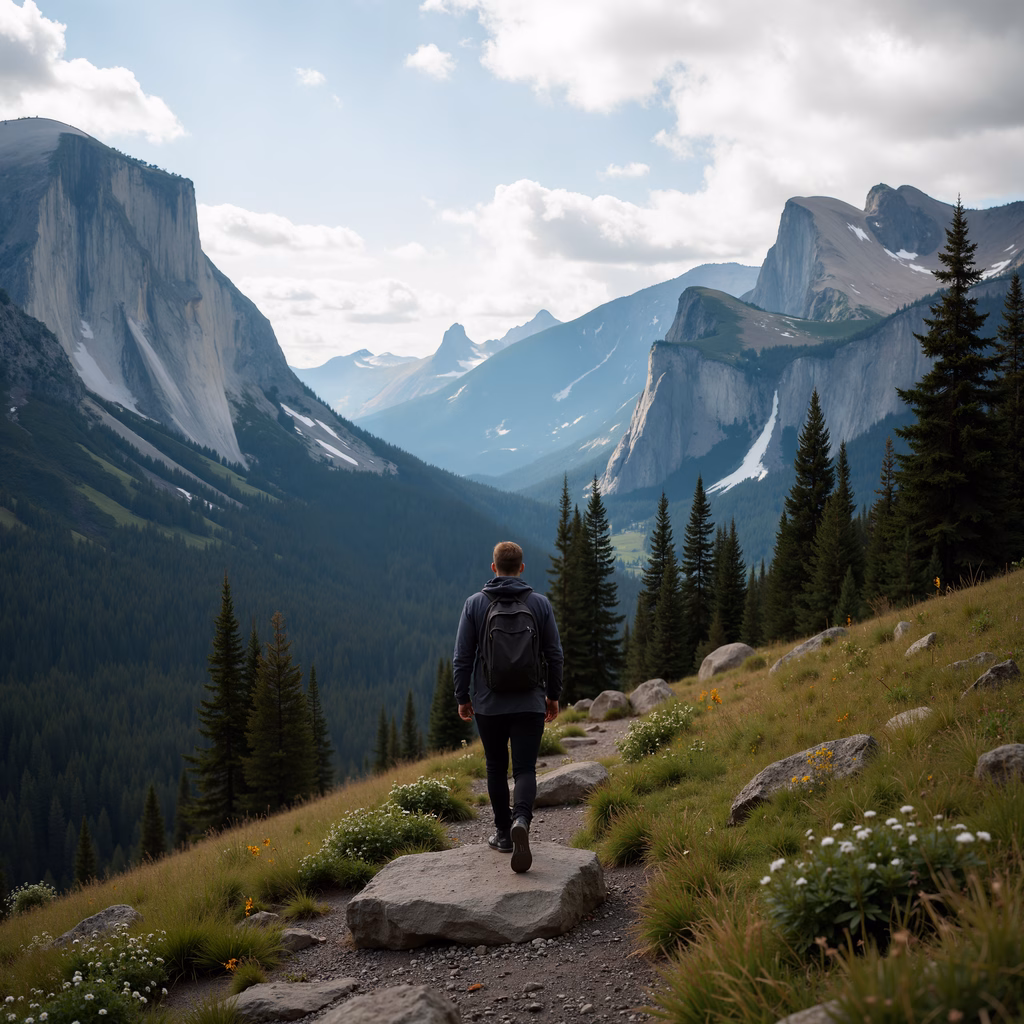 Solitary hiker amidst majestic mountain scenery.