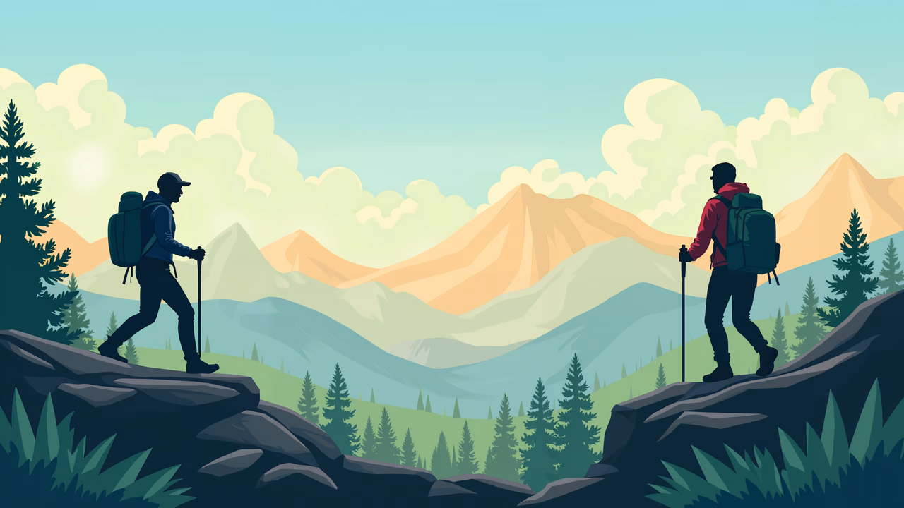 Two hikers exploring a mountainous landscape with lush greenery and towering evergreens.
