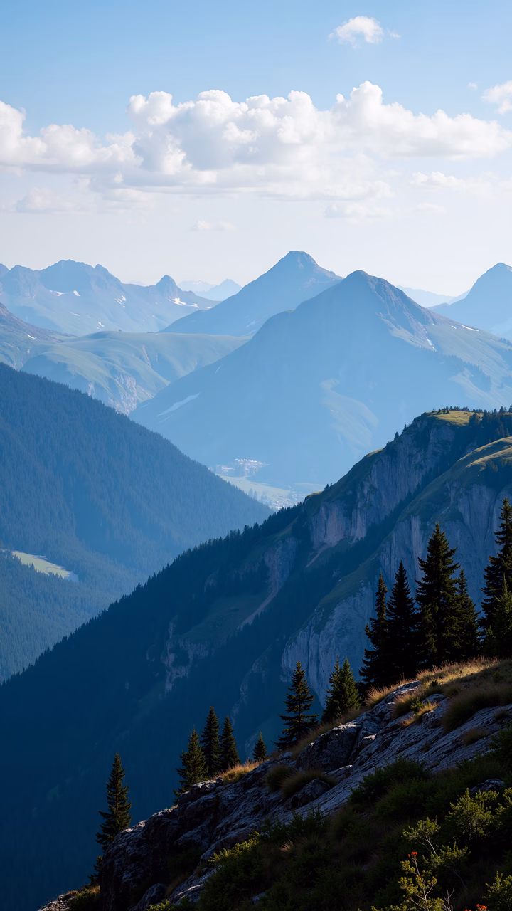 A stunning mountain landscape under a clear blue sky, featuring rolling hills and a dense forest of evergreen trees.