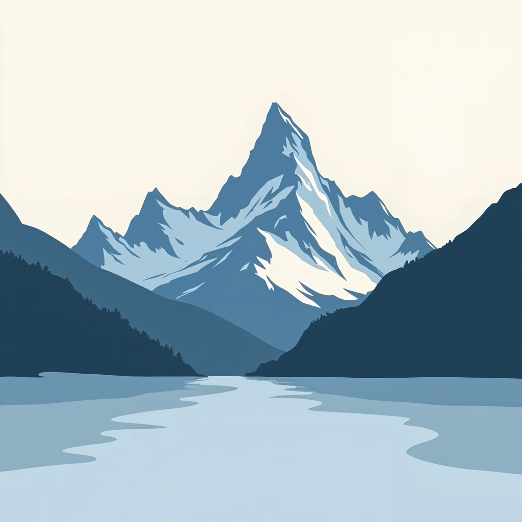 A tranquil mountain landscape with cool tones and clean lines, perfect for nature enthusiasts.
