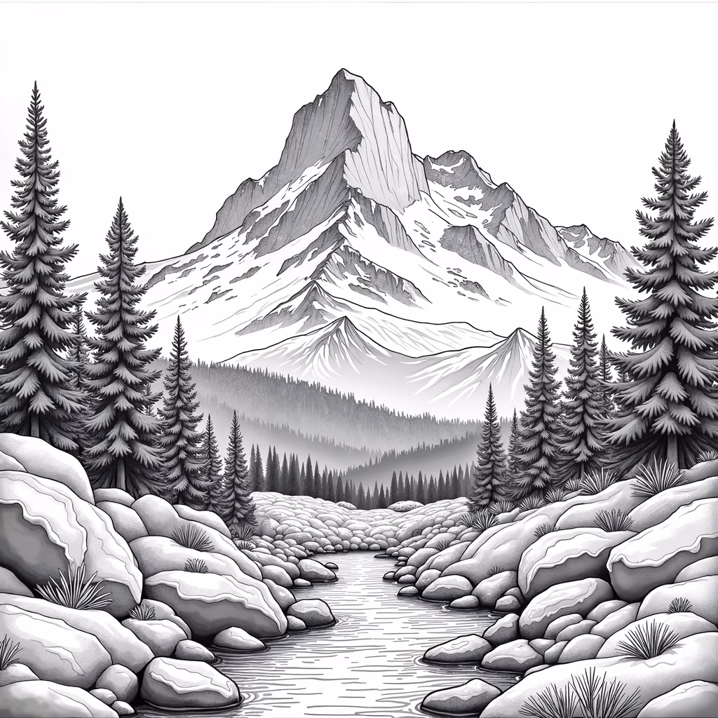 A tranquil black-and-white illustration of a mountainous landscape with a river and evergreen forests.