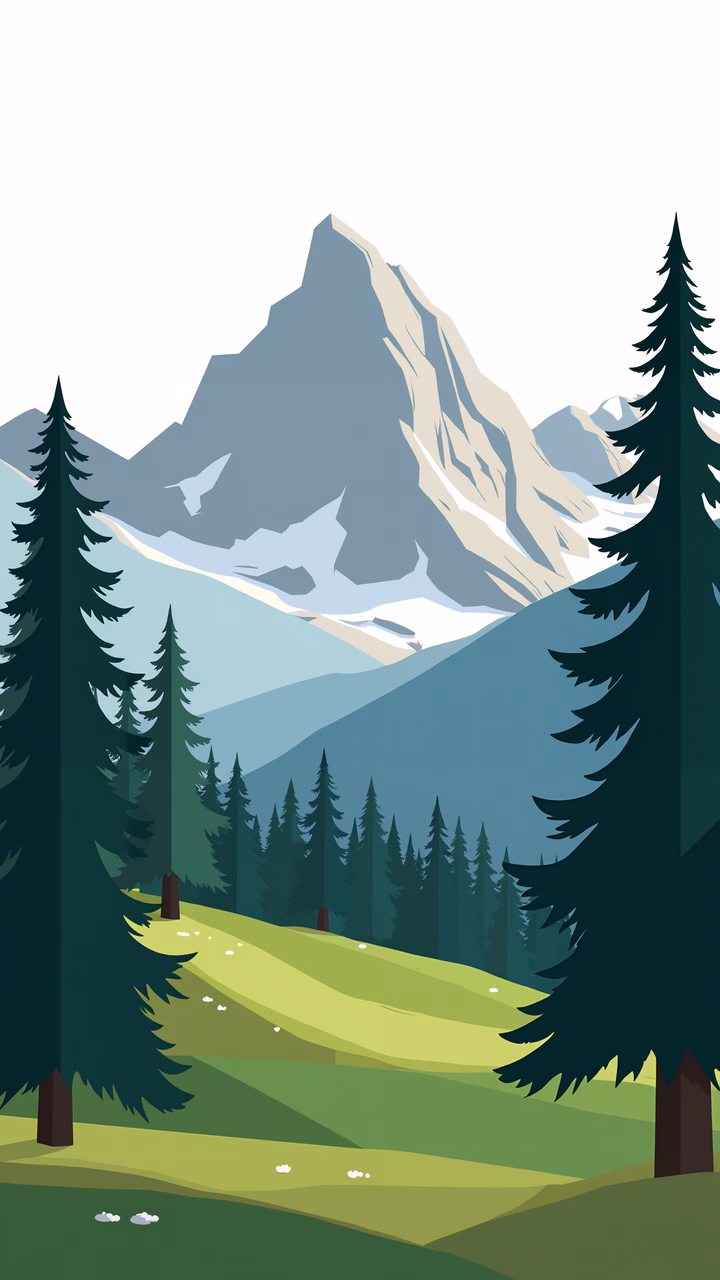 Minimalist mountain landscape with evergreen trees and serene peaks.