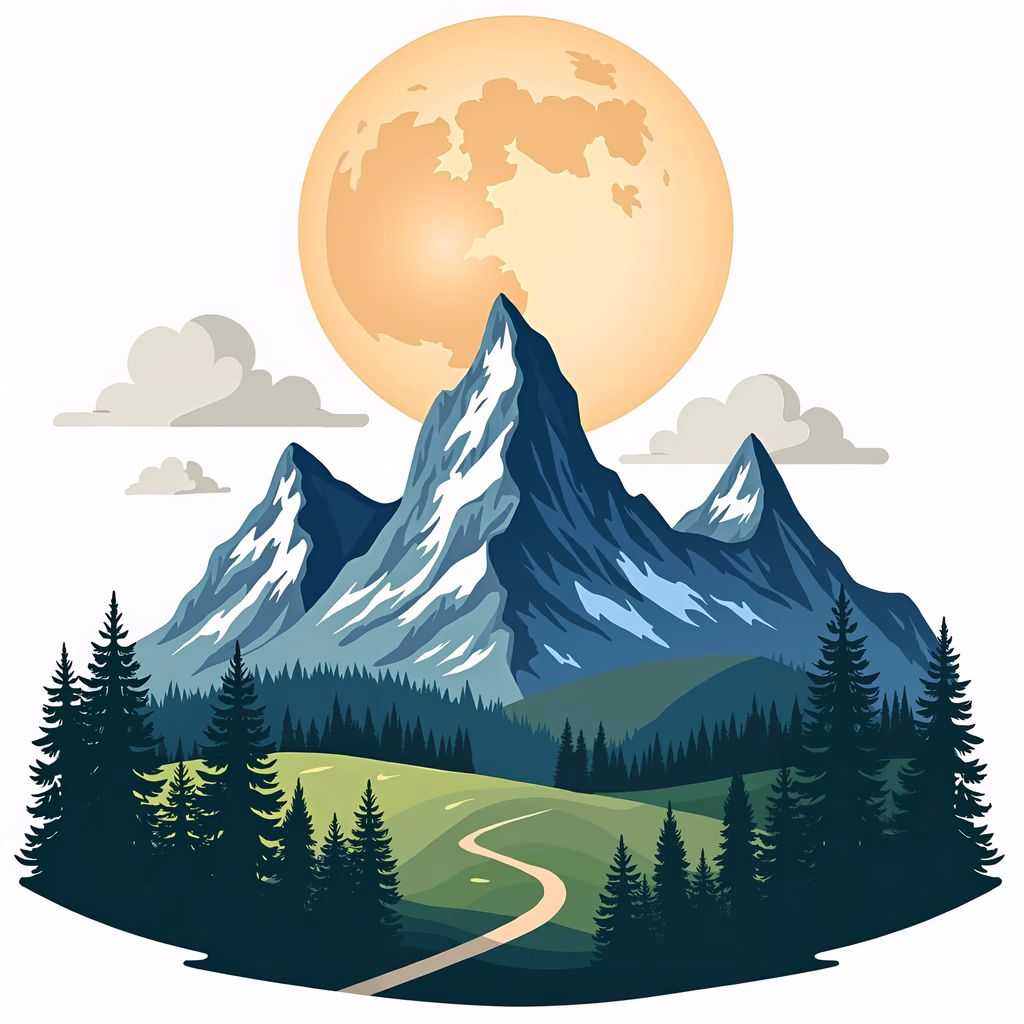 A tranquil mountain landscape with snow-capped peaks and a glowing sun.