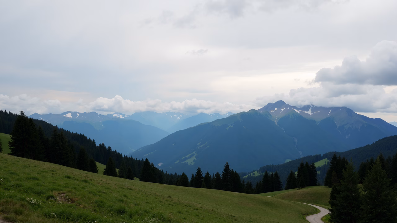 Peaceful mountain meadows under a cloudy sky.