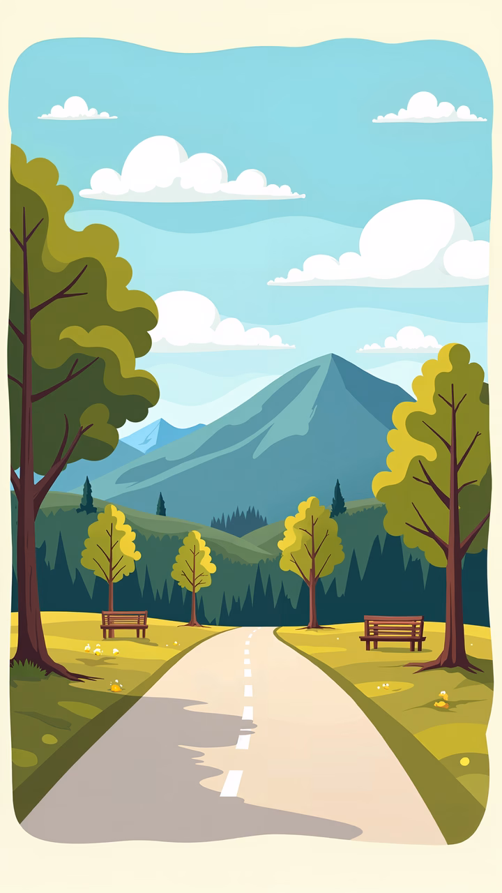 A peaceful mountain path surrounded by trees and benches under a serene sky.
