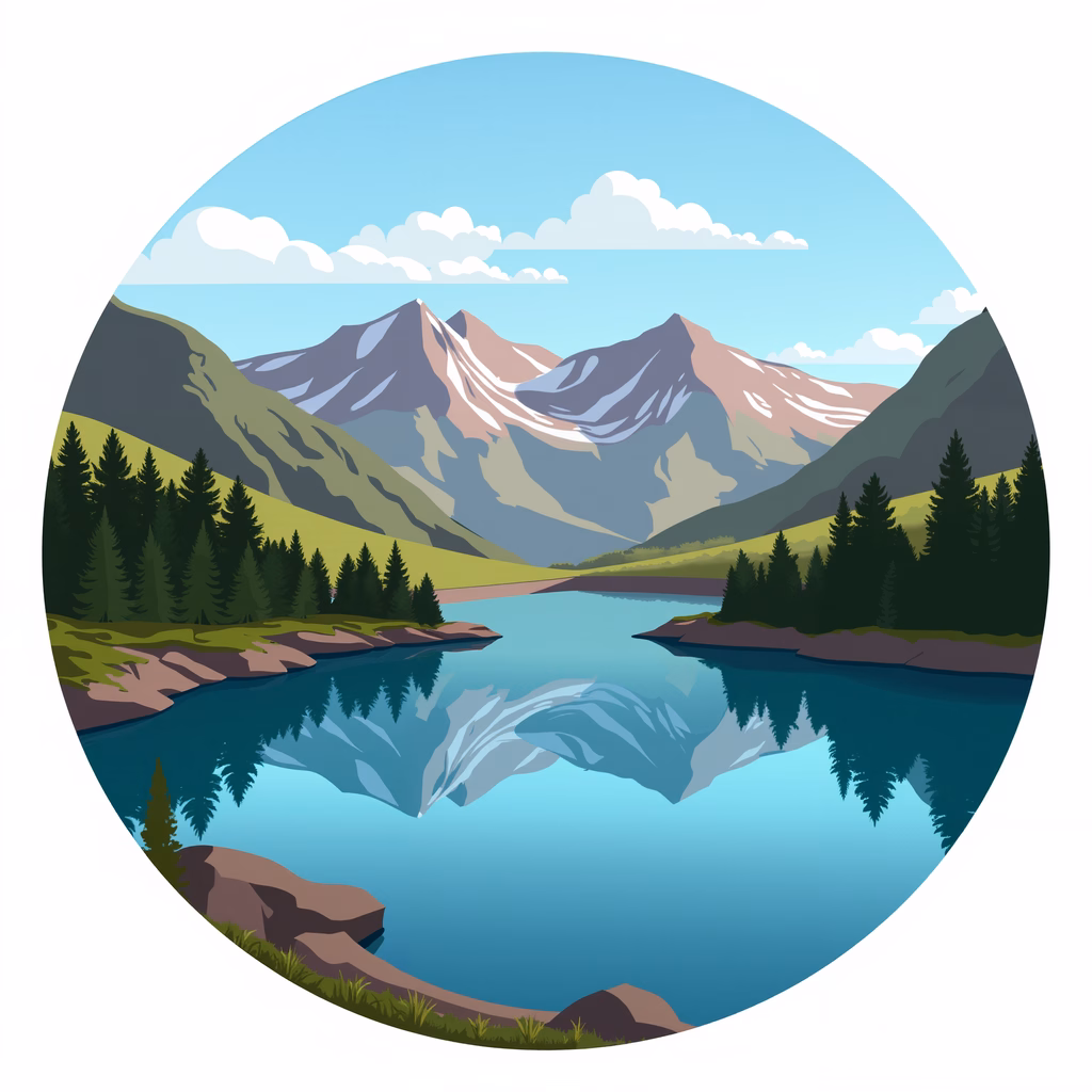 A peaceful mountain landscape reflected in a serene lake, featuring lush greenery and soft pastel colors.