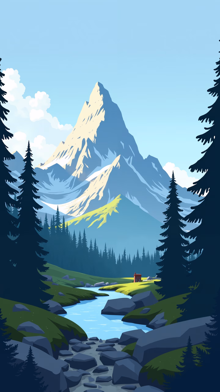 A peaceful mountain retreat scene with a snow-capped peak and a small cabin nestled among pine trees.