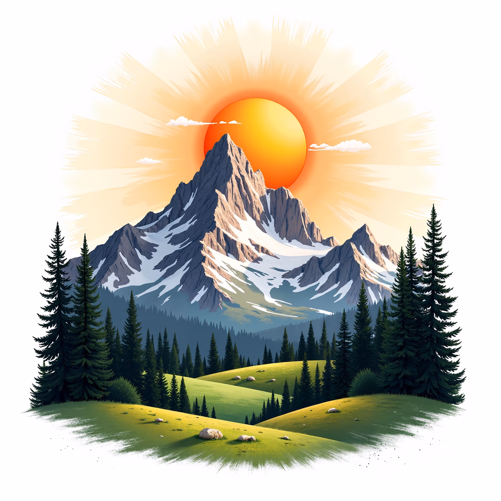 A picturesque sunset over a mountainous landscape with evergreen trees and snow-capped peaks.