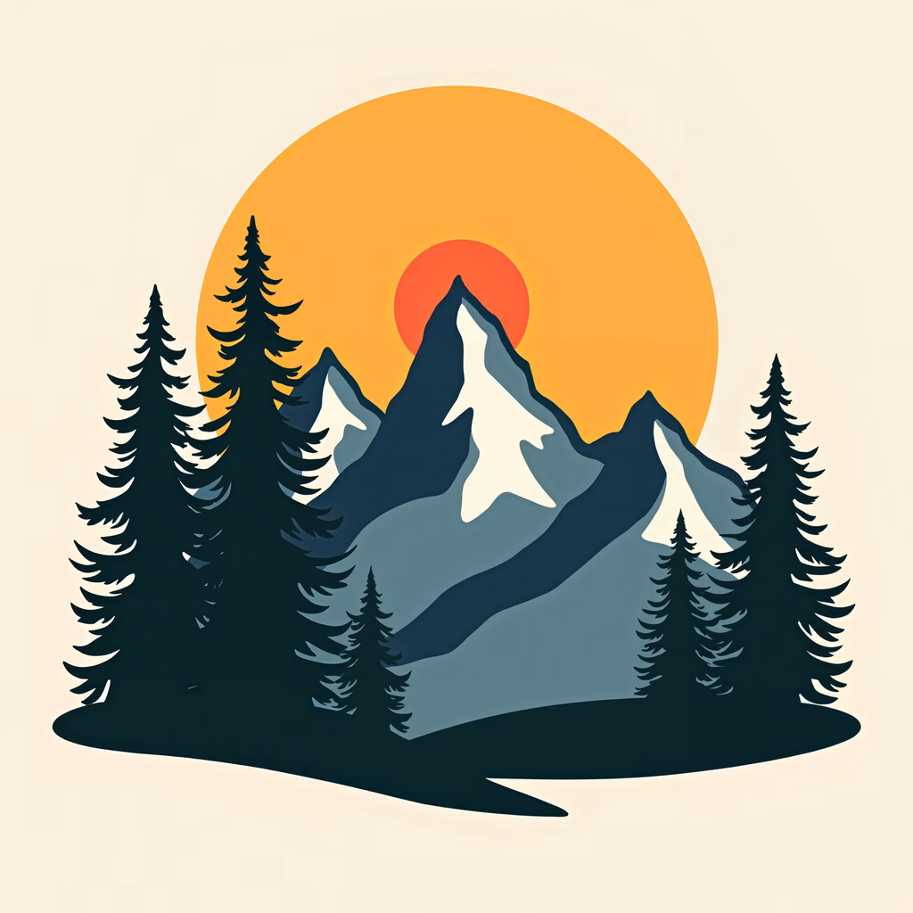 A tranquil mountain sunset scene with snow-capped peaks and evergreen trees.