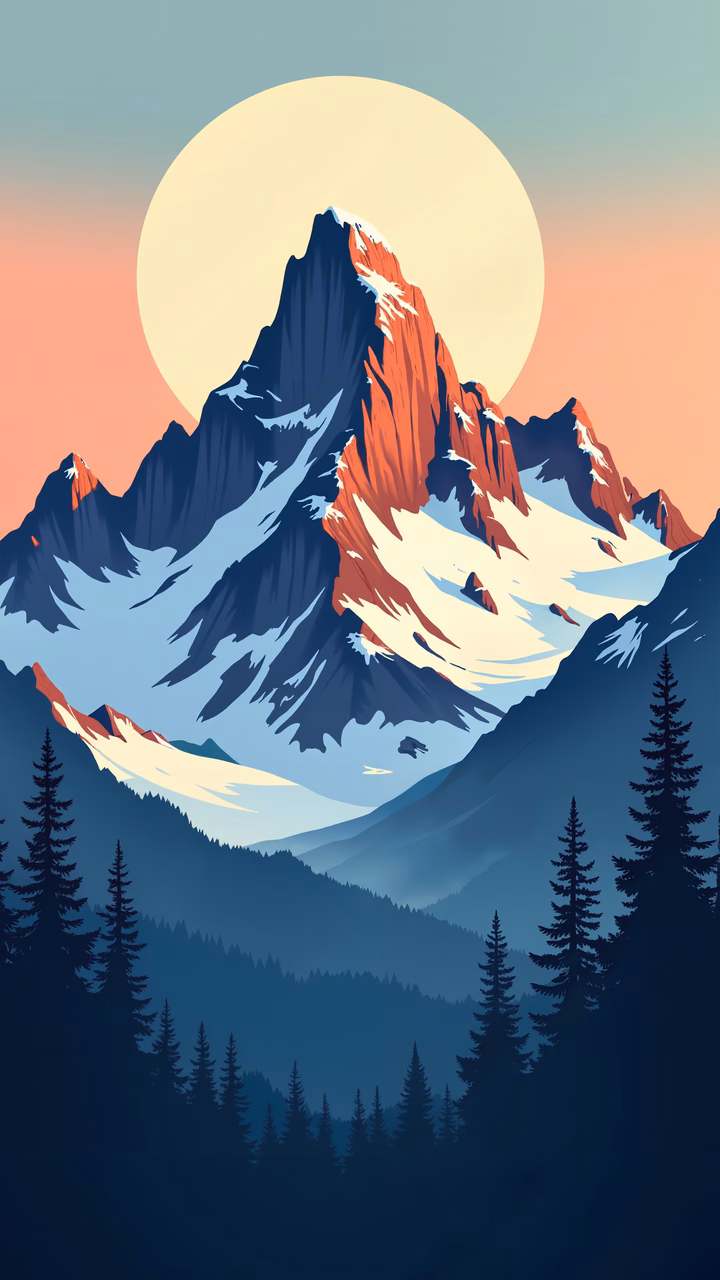 A tranquil mountain sunset scene with vibrant colors and silhouetted trees.
