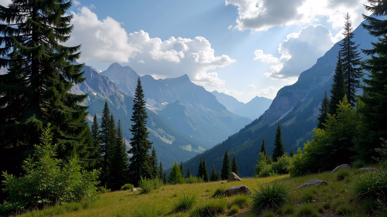 A tranquil mountain valley scene with lush greenery and rugged peaks under a bright blue sky.