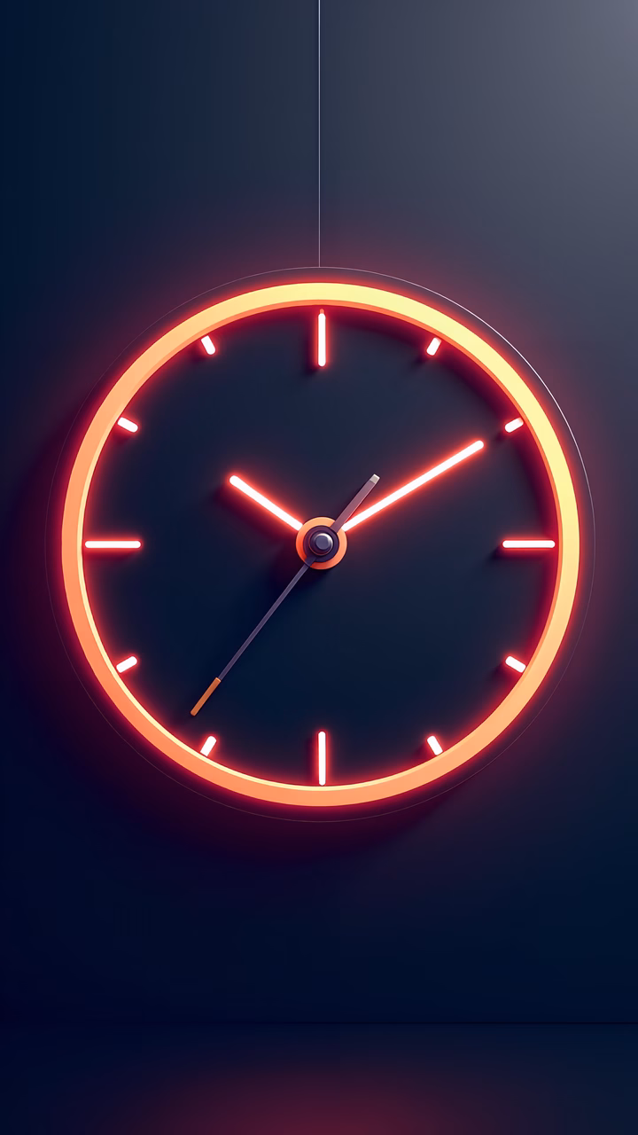 Minimalist neon clock with vibrant red and orange tones on a dark background.