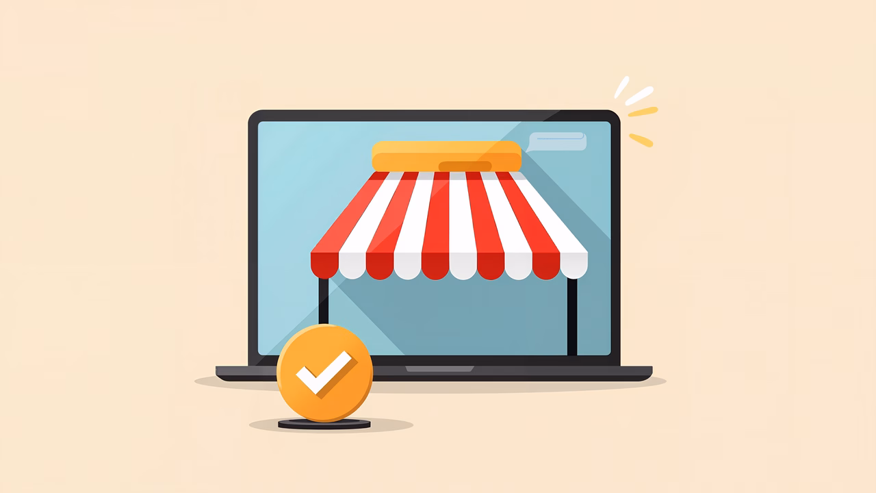 A laptop screen showing a storefront with a checkmark, representing online shopping.