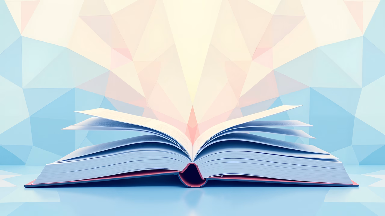 An open book with pastel-colored geometric background, symbolizing education and exploration.