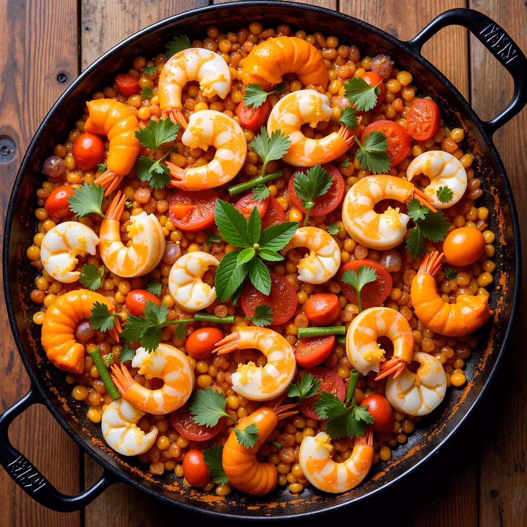 Vibrant paella with shrimp and lentils, garnished with herbs, served in a black paella pan.