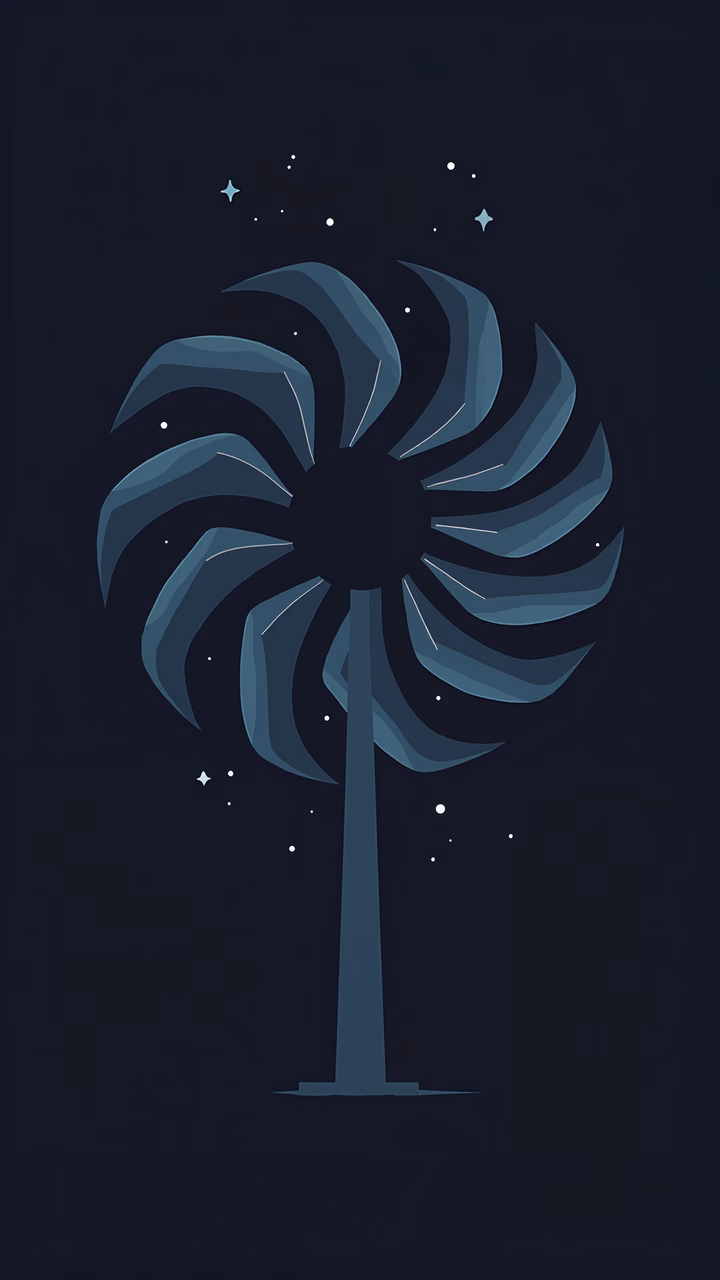 Minimalist palm tree silhouette against a starry night sky.