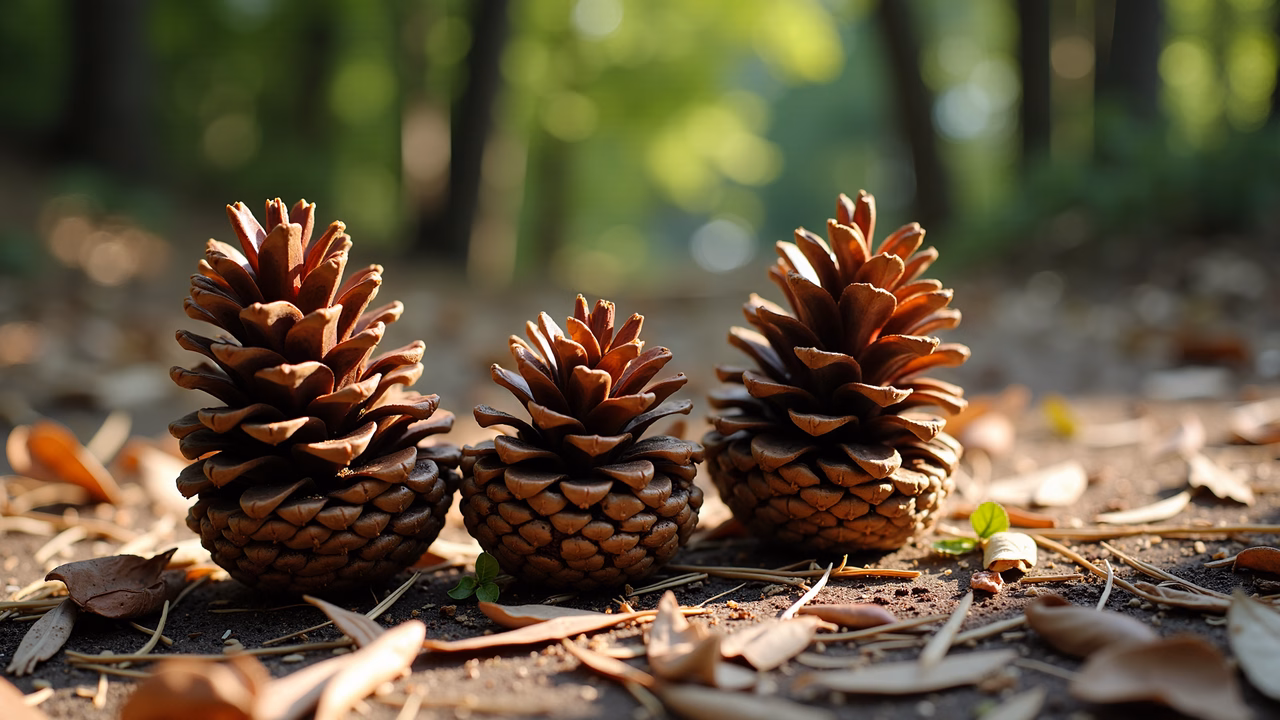 Close-up of pine cones in a forest setting, showcasing nature's beauty.