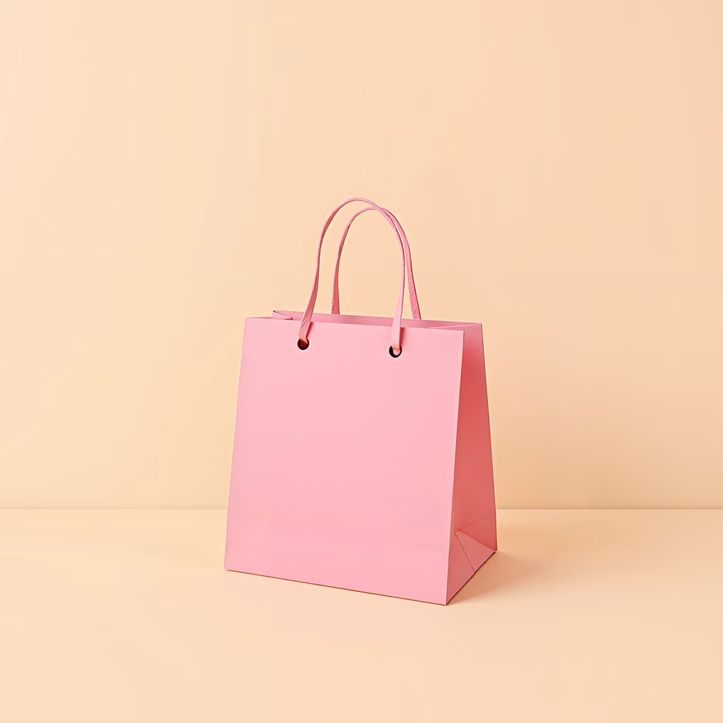 Minimalist pink shopping bag on a neutral background.