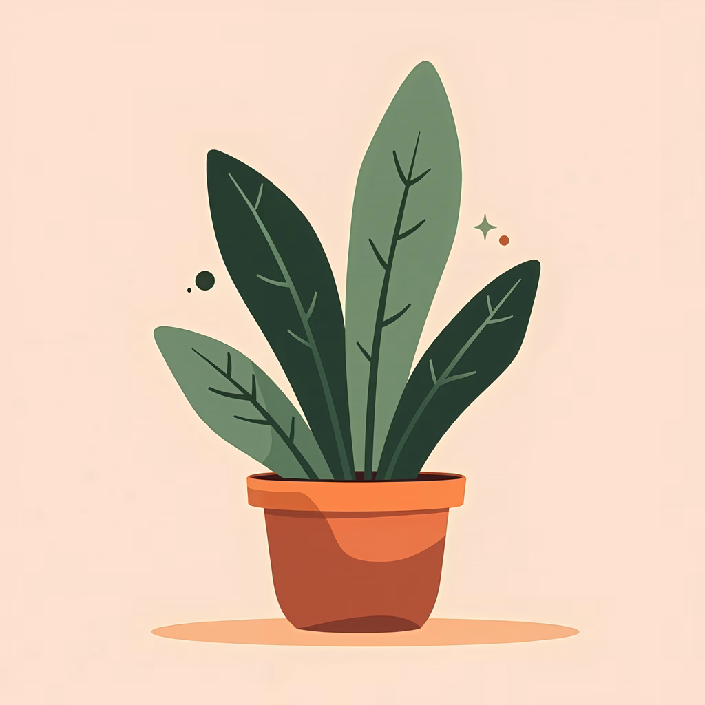 A serene illustration of a potted plant with vibrant green leaves and a terracotta pot on a soft peach background.