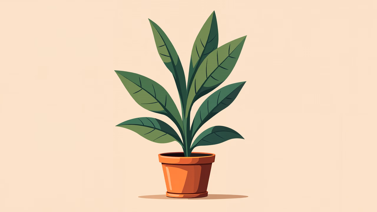 A charming illustration of a potted plant with lush green leaves and a terracotta pot on a beige background.